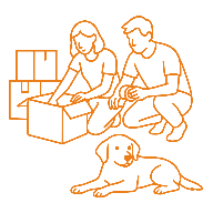 Chien au milieu de cartons de déménagement